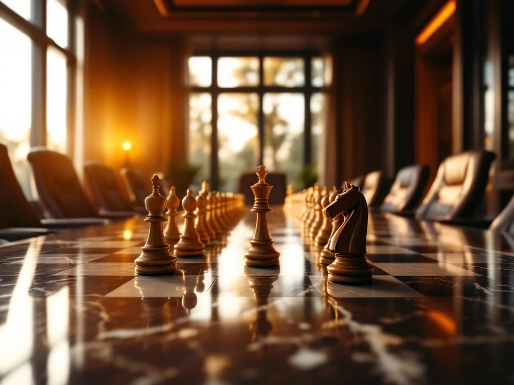 Chess pieces on marble table in foreground of elegant boardroom with leather chairs and warm golden lighting