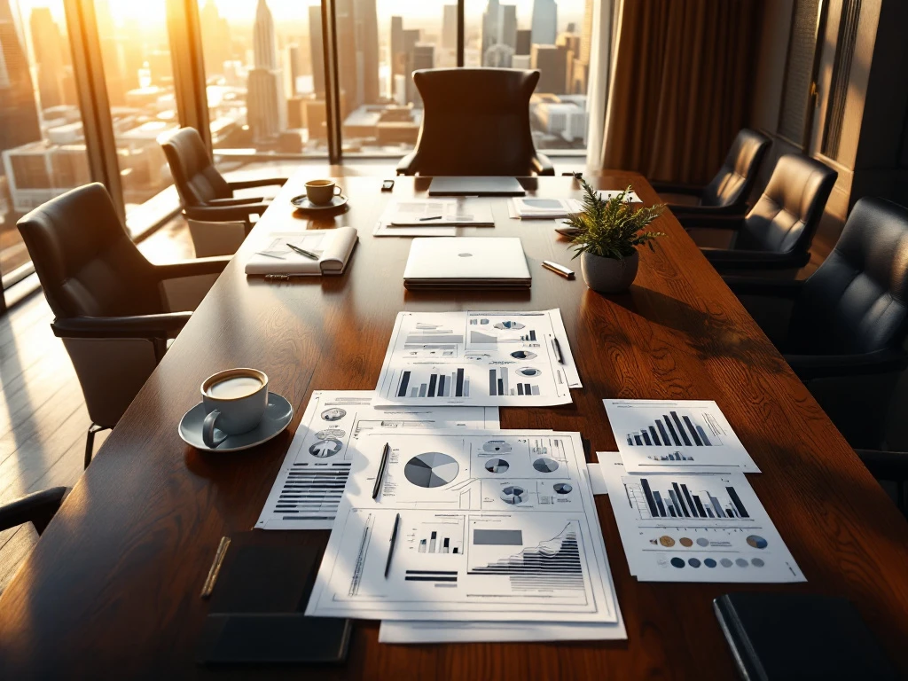 Executive boardroom with dark wood table, strategic planning documents, laptop, and leather chair overlooking city skyline