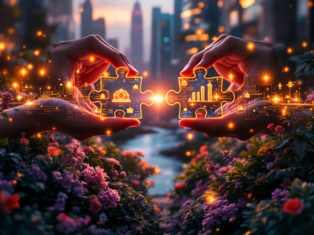 Hands placing glowing puzzle pieces forming bridge between corporate buildings and gardens, representing business sustainability and growth.