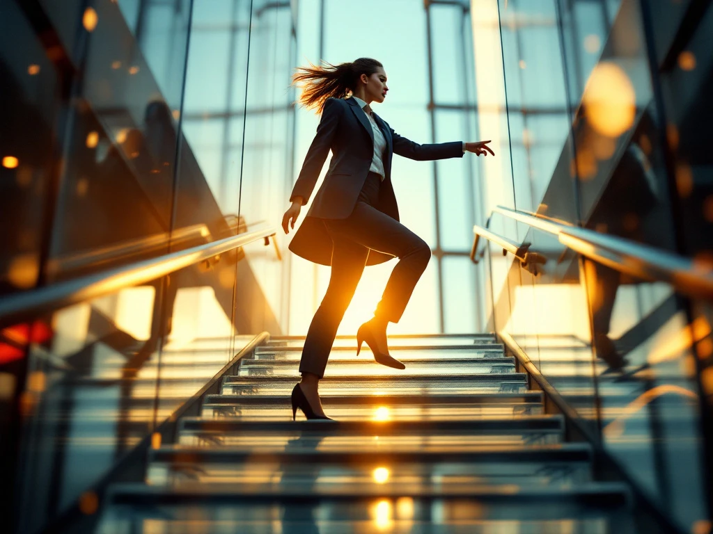 Confident businesswoman in navy blazer climbing modern glass stairs in corporate office with golden lighting and upward perspective.