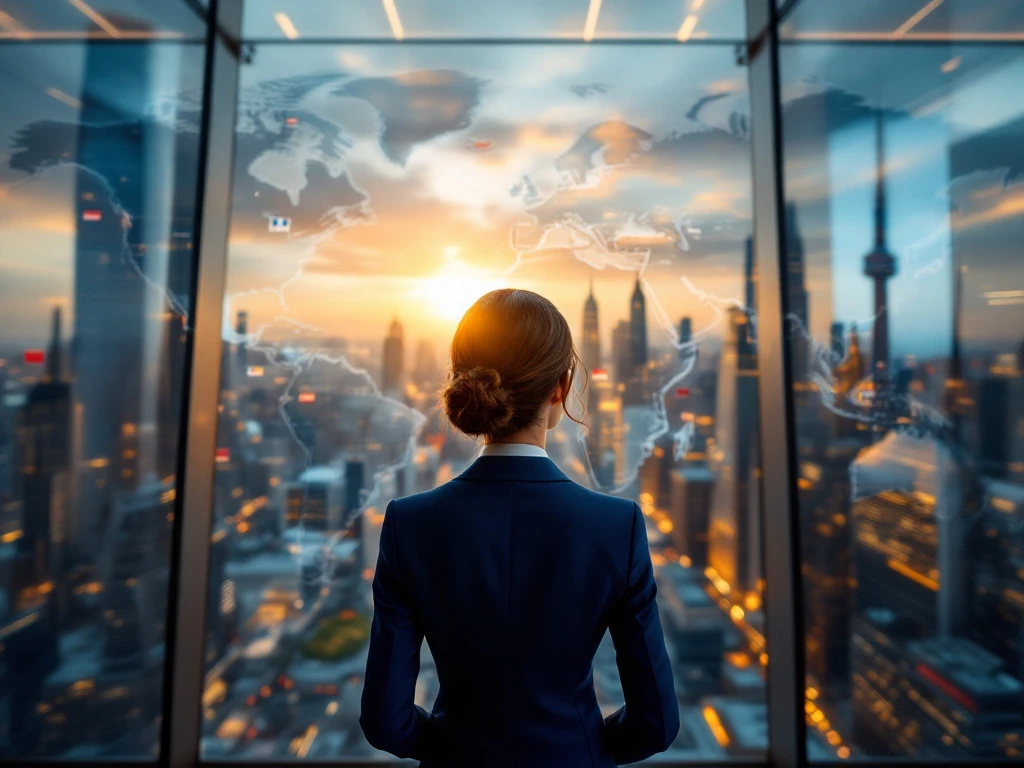 Professional businesswoman in navy blazer overlooking international cityscape through office windows at golden hour