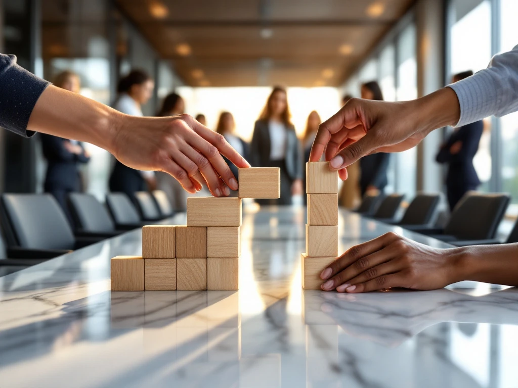 Diverse hands collaboratively arranging wooden blocks into ascending staircase on modern boardroom table, symbolizing teamwork and growth.