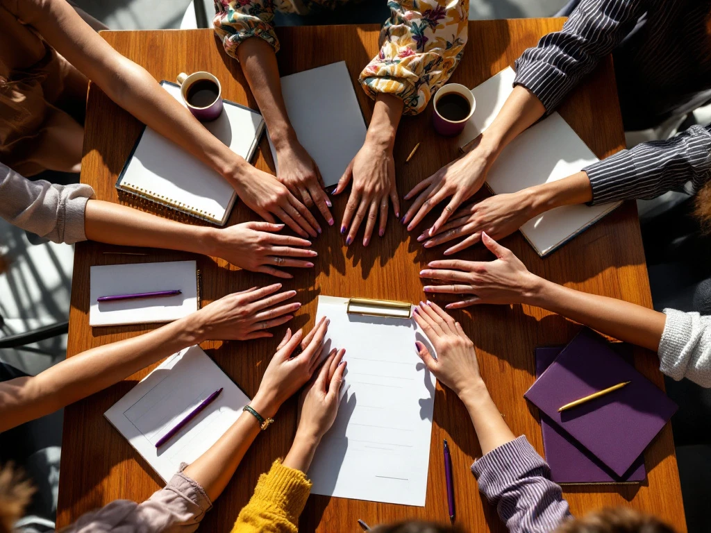 Diverse women's hands reaching toward center of modern conference table with laptops, documents, and coffee cups