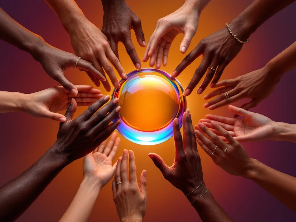 Diverse hands reaching toward center around glass sphere reflecting rainbow light, symbolizing workplace unity and inclusion.