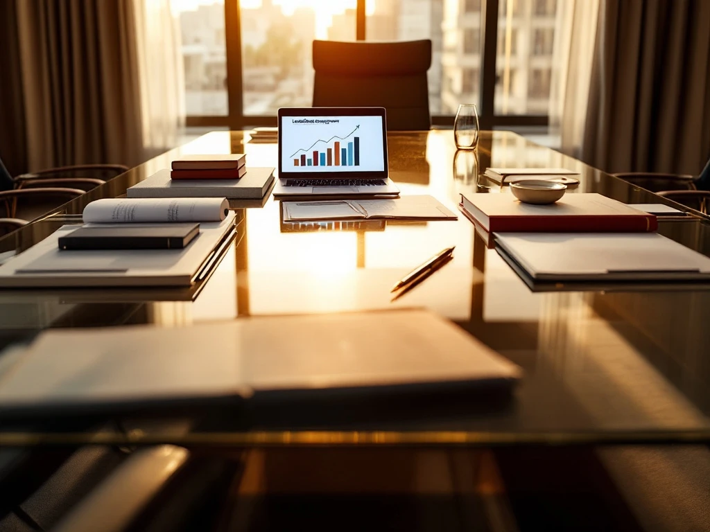Executive boardroom with glass conference table, leadership books, laptop showing growth charts, and empty chair in golden lighting.