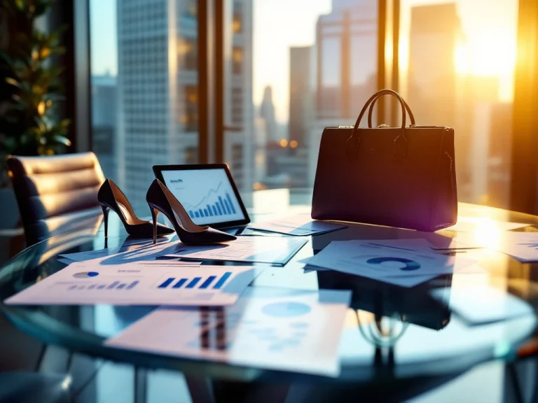Professional women's heels and briefcase beside glass conference table with performance documents and growth charts on tablet