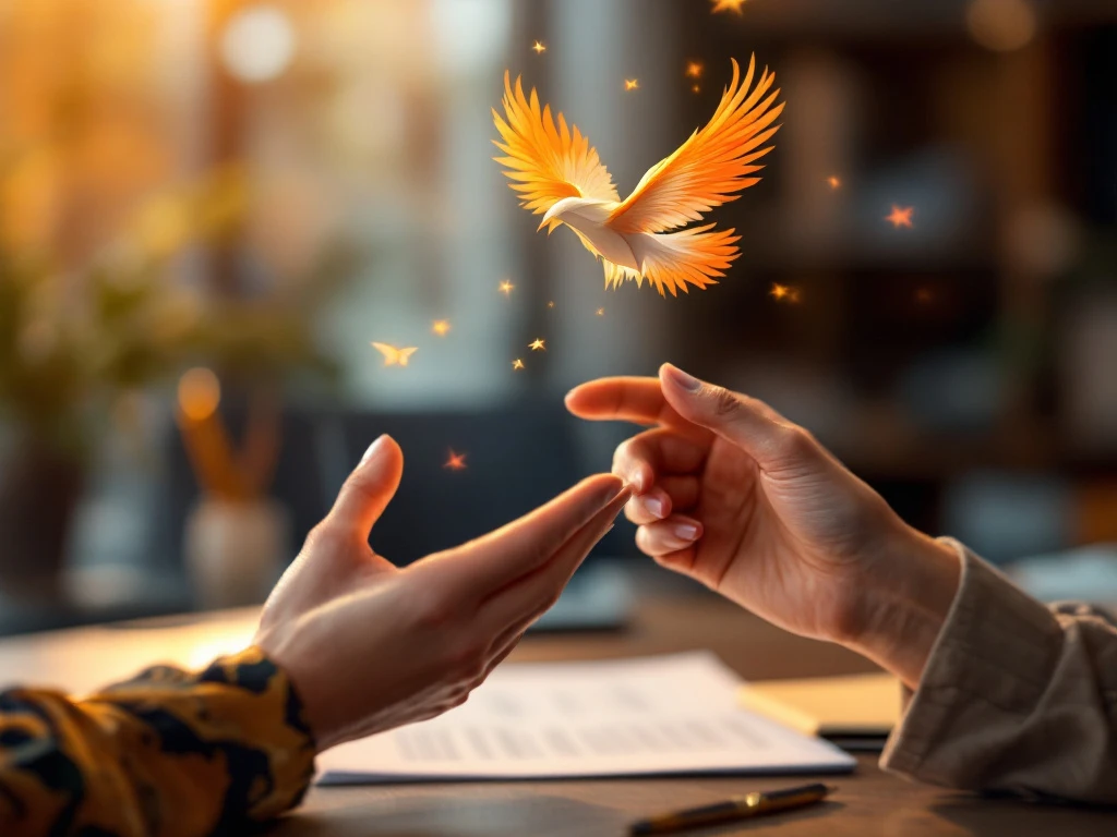 Hands releasing paper airplane transforming into vibrant phoenix with golden lighting in office setting, symbolizing renewal.
