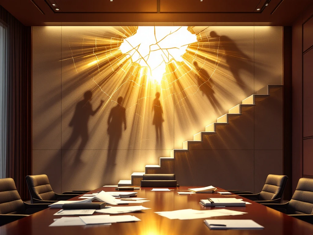 Cracked glass ceiling above corporate boardroom with golden light breaking through, staircase with missing steps below