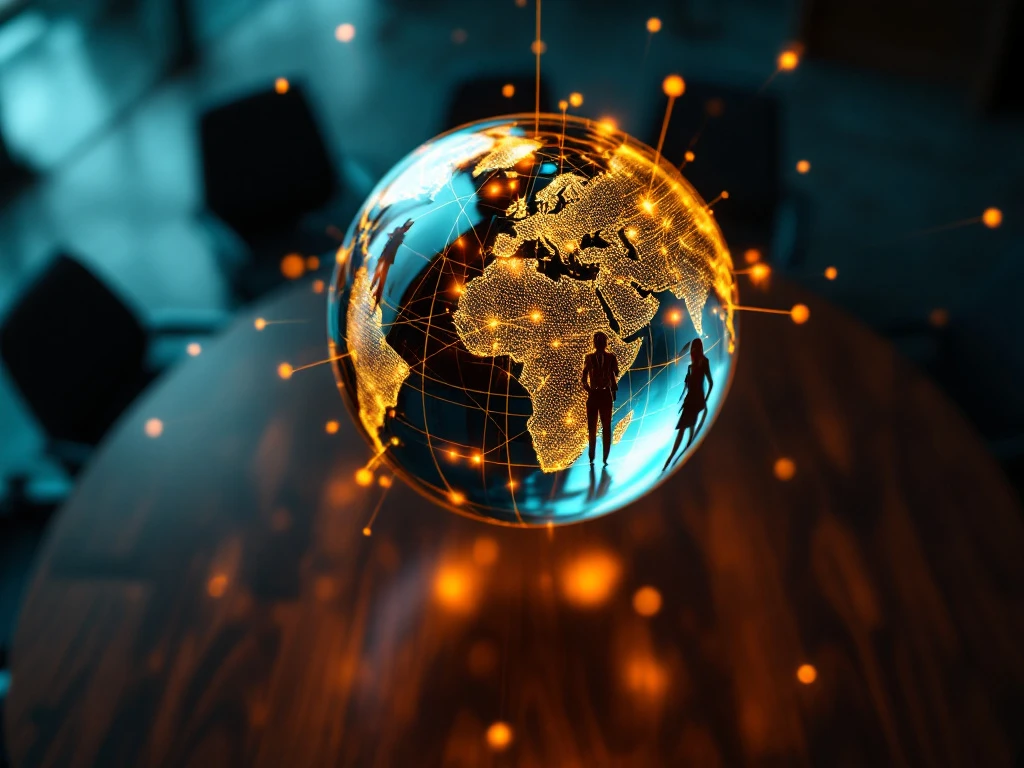 Luminous glass globe suspended above conference table with professional women silhouettes and golden light rays symbolizing global business connectivity.