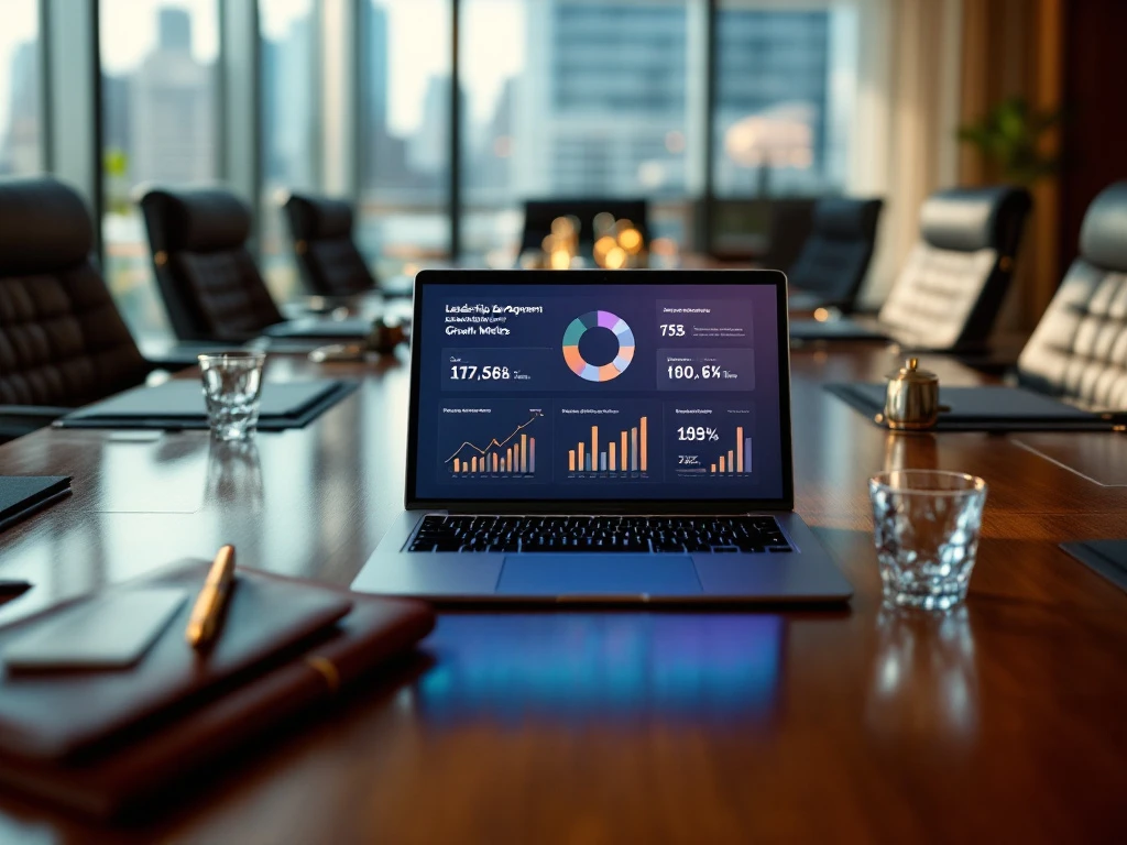 Laptop displaying leadership development charts on wooden boardroom table with executive chairs and city view