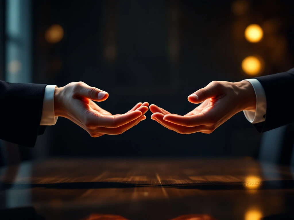 Professional hands in elegant attire demonstrating balance over boardroom table with empowering purple and gold lighting