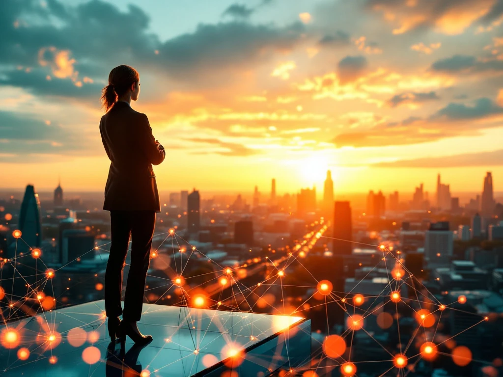 Professional woman in blazer standing confidently on glass platform overlooking Dutch cityscape at golden hour with glowing network connections in foreground.