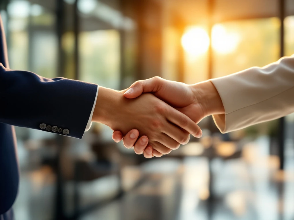 Two professional women shaking hands in modern conference room with warm golden lighting and glass walls