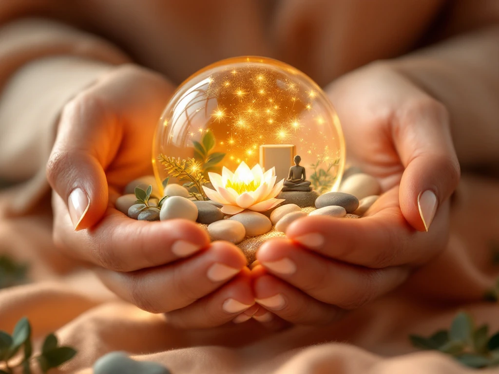 Hands cupping glowing sphere with self-care symbols including lotus, meditation stones, and wellness icons on warm background