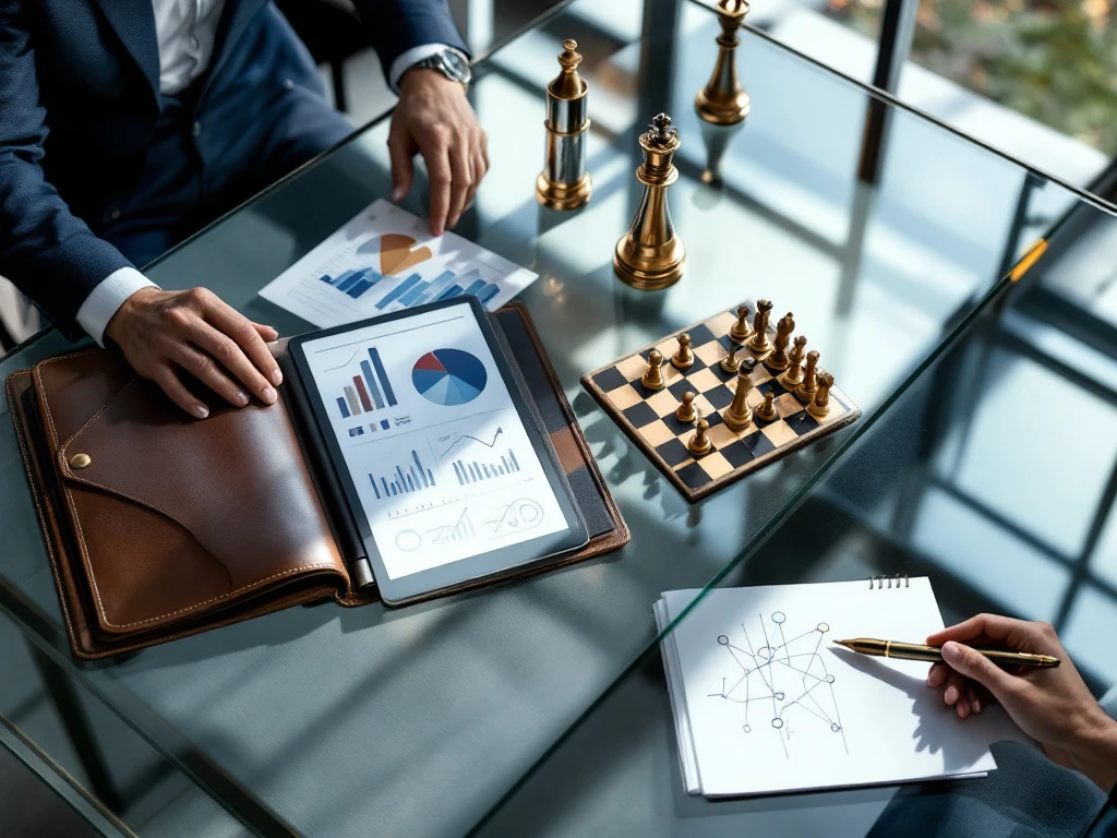 Overhead view of glass conference table with strategic planning materials, charts, tablet, chess pieces, and fountain pen in professional office setting