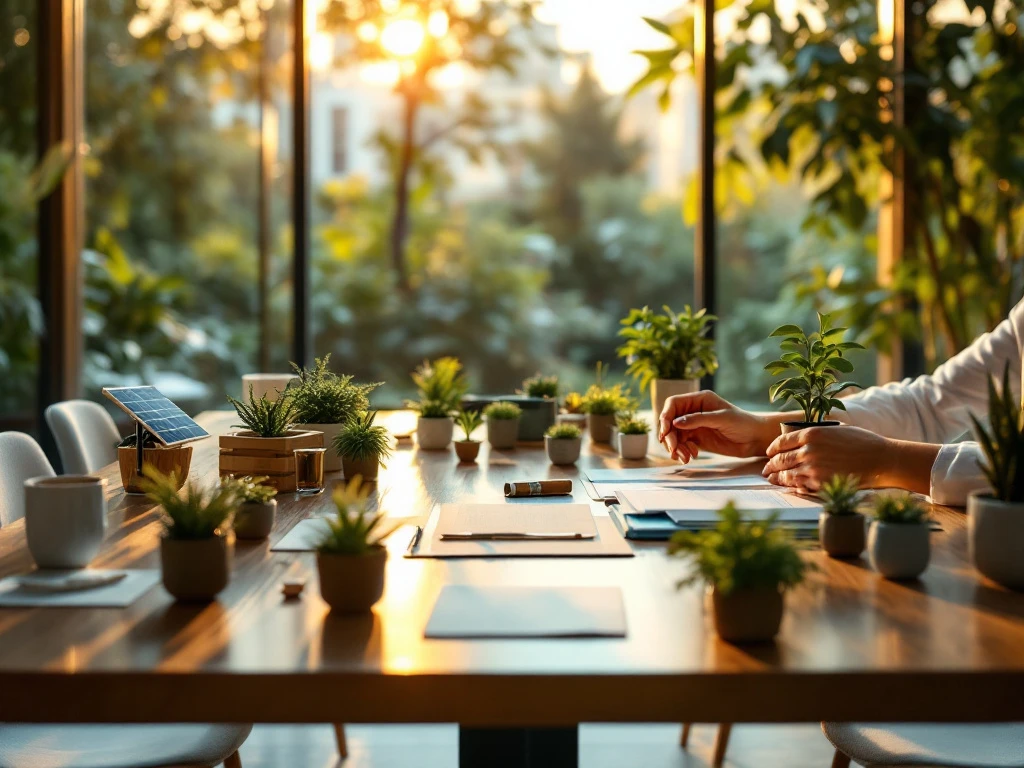 Female hands arranging sustainable business items including solar panels, plants, and eco-friendly prototypes on conference table