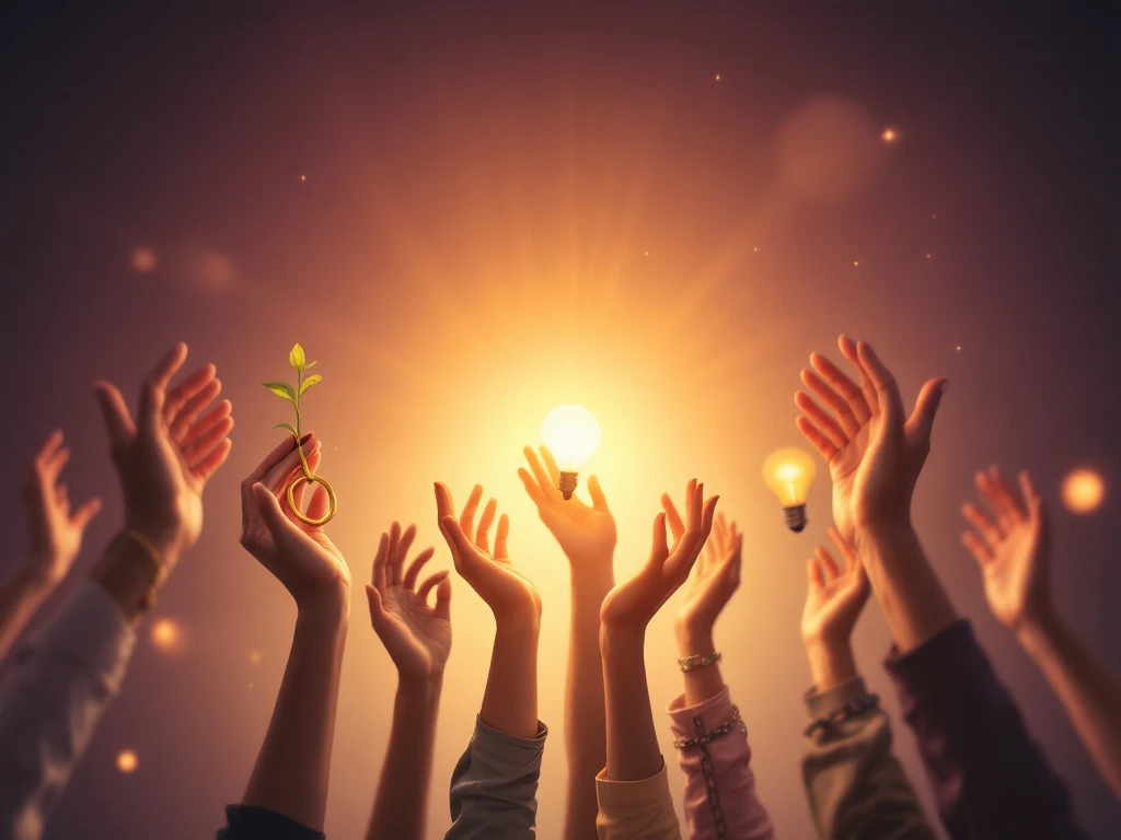 Diverse women's hands reaching upward holding plant, key, lightbulb, and chain links against purple to gold gradient background.