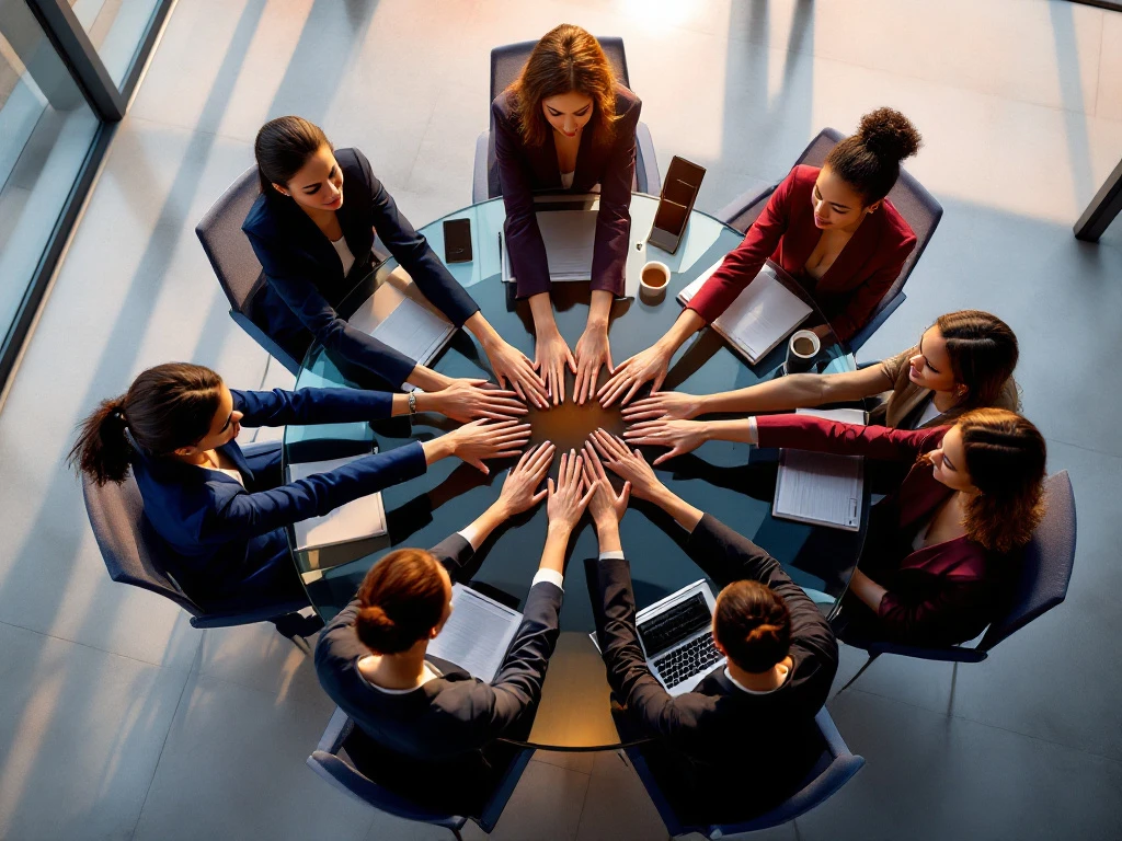 Diverse women's hands reaching together over modern glass boardroom table in golden sunlit conference room with documents and devices
