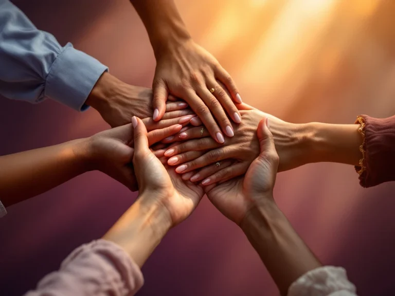 Diverse women's hands joining together in unity gesture with different skin tones and jewelry against purple-gold gradient background.