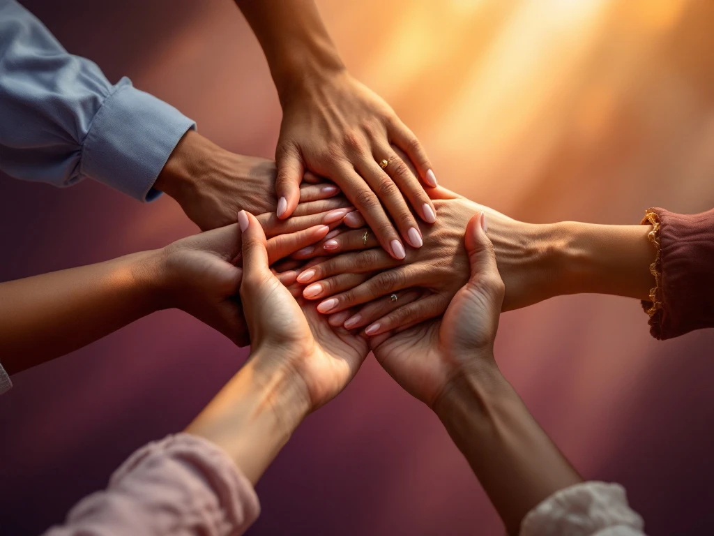 Diverse women's hands joining together in unity gesture with different skin tones and jewelry against purple-gold gradient background.