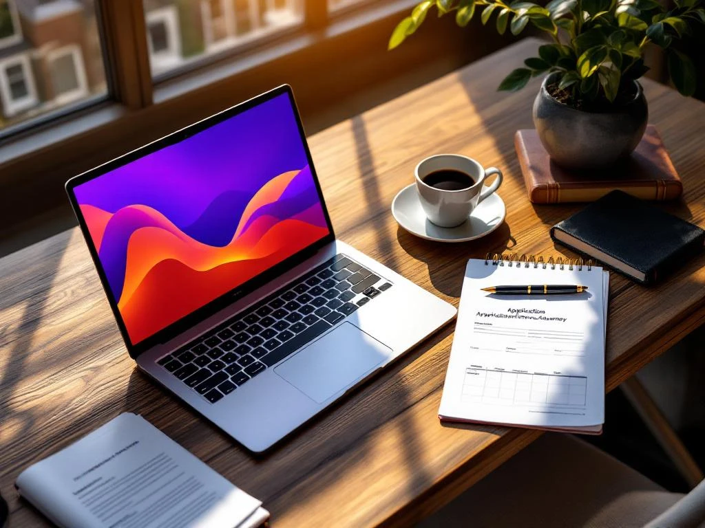 Laptop displaying purple and orange application form on wooden desk with coffee, pen, documents, and planner in natural light