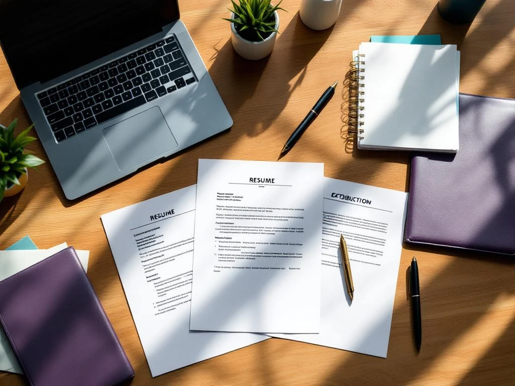 Organized workspace with resume, letters, and transcripts on wooden desk with laptop and pen in natural light