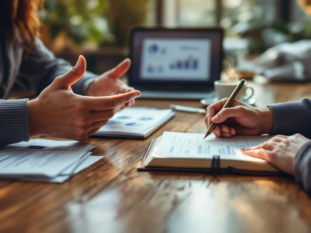Two people collaborating at wooden table, one gesturing while other takes notes in journal, with laptop and training materials