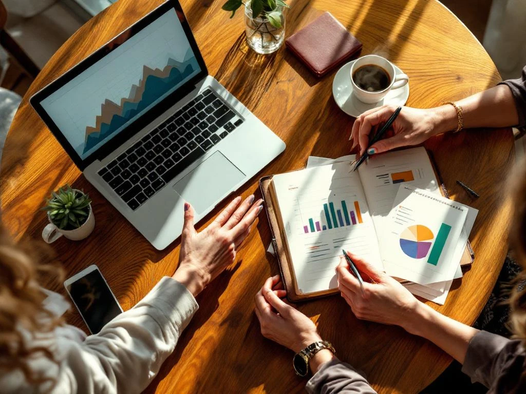 Two professional women's hands at mentoring session with laptop, journal, and coffee on wooden table
