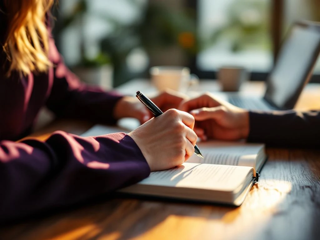 Two professional women's hands gesturing over journal during mentoring session at wooden table with laptop and coffee