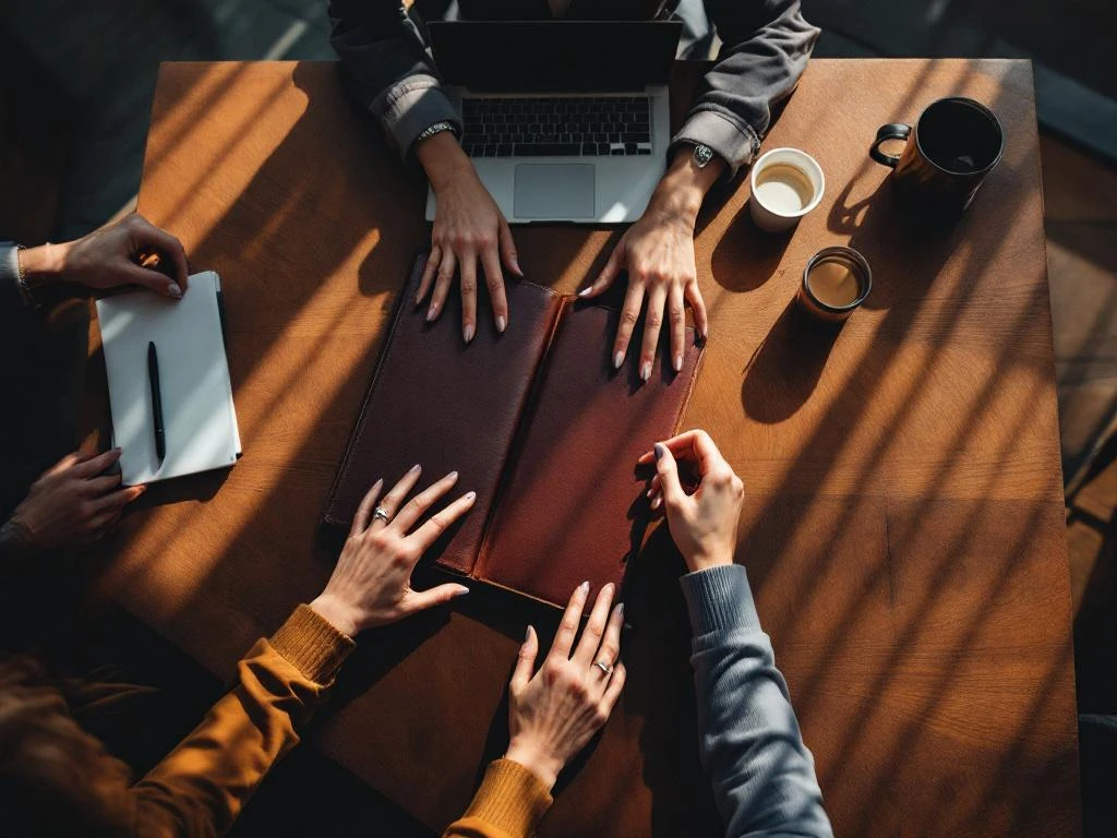 Two professional women's hands collaborating over documents and laptop at boardroom table in natural light