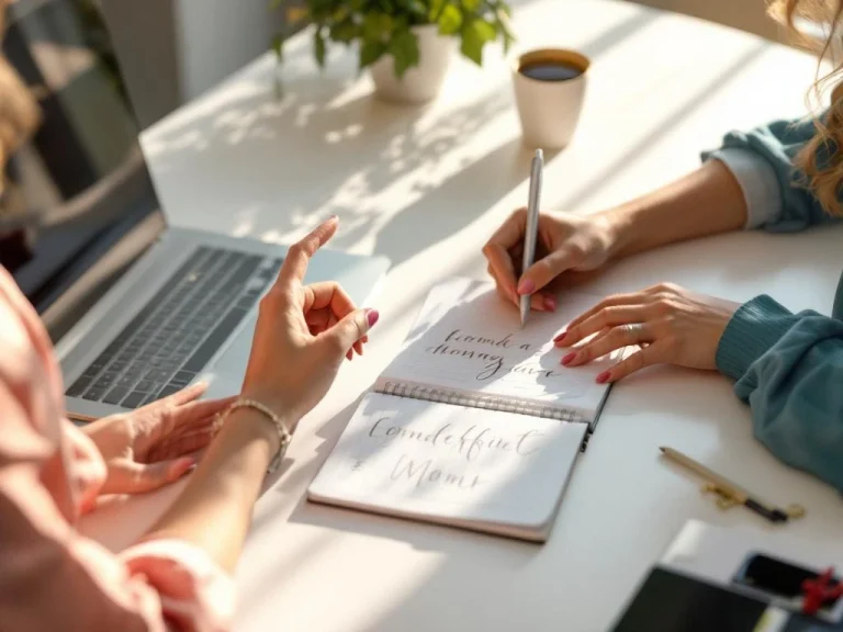 Two professional women's hands at desk during mentorship meeting, one gesturing while other takes notes with laptop and coffee