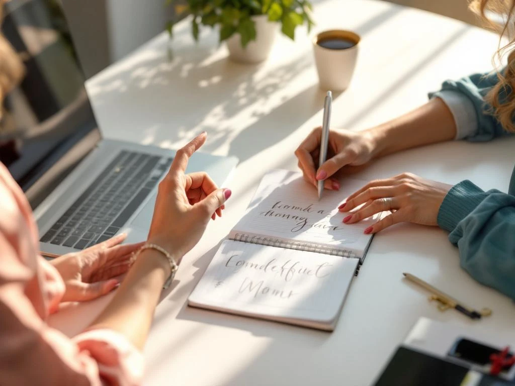 Two professional women's hands at desk during mentorship meeting, one gesturing while other takes notes with laptop and coffee