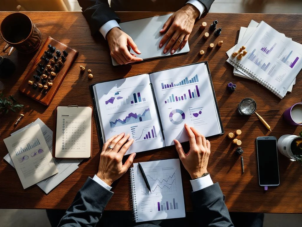 Executive desk with open journal, laptop showing financial charts, chess pieces, and hands reviewing business analytics documents