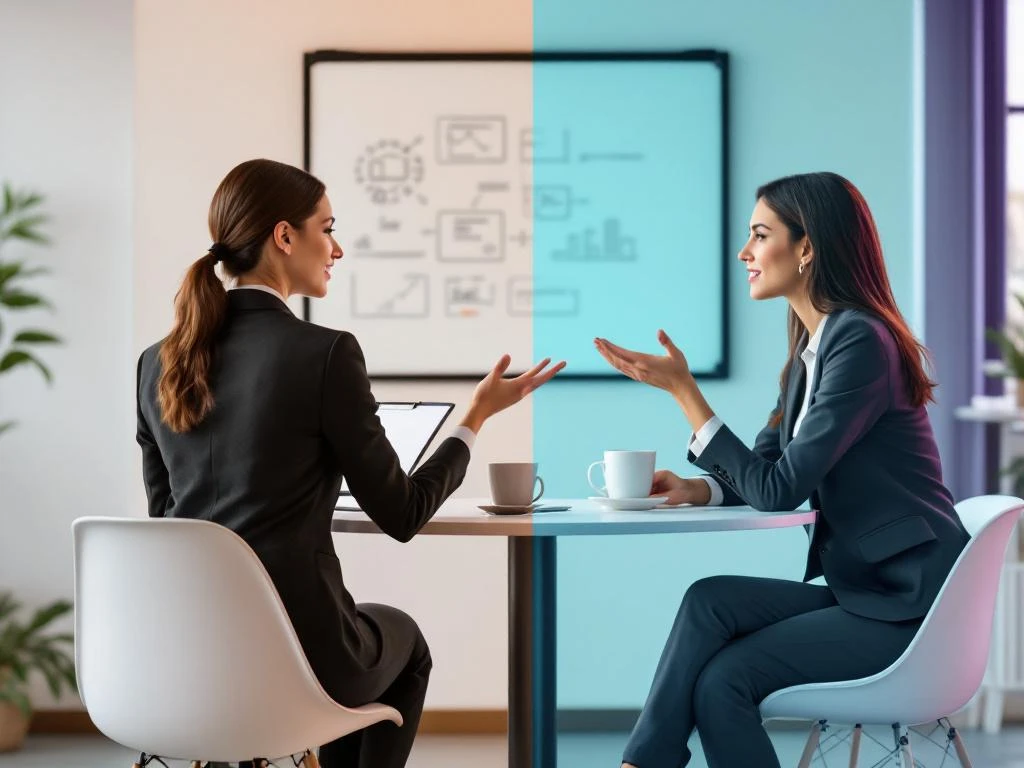 Two professional women in business settings: one coaching at whiteboard, another mentoring over coffee, showing contrasting approaches.