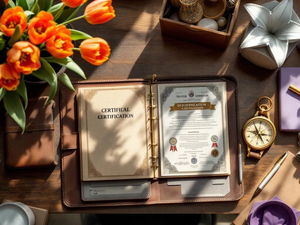 Dutch certification documents in leather portfolio on wooden desk with compass, orange tulips, and fountain pen in natural light