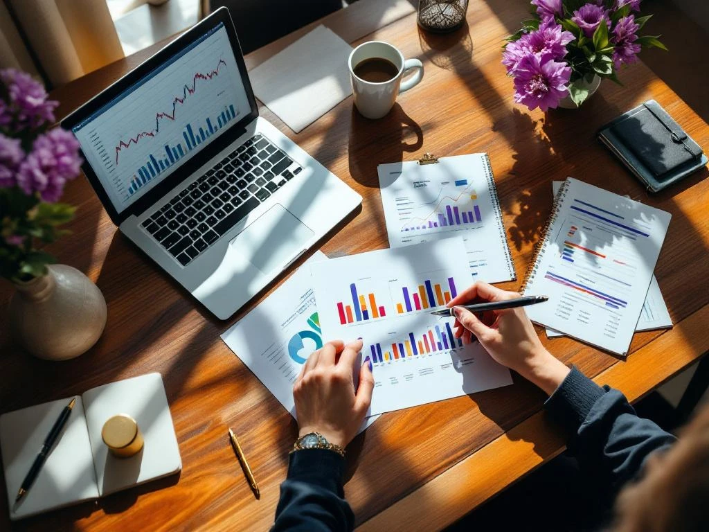 Female executive's hands arranging financial documents and laptop with data analytics on elegant wooden desk with natural lighting