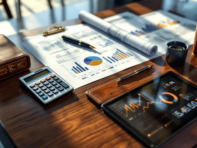 Mahogany desk with calculator, blueprints, financial documents, and tablet displaying data visualizations in executive office setting