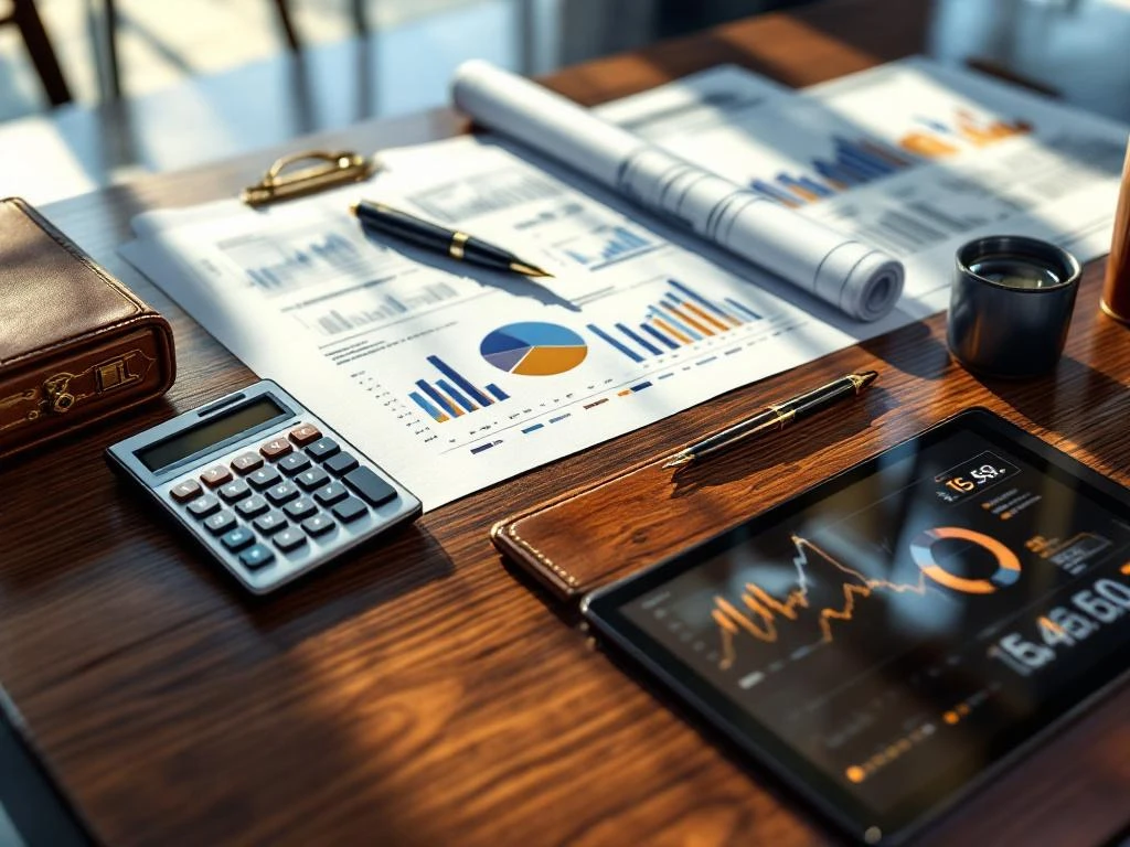 Mahogany desk with calculator, blueprints, financial documents, and tablet displaying data visualizations in executive office setting