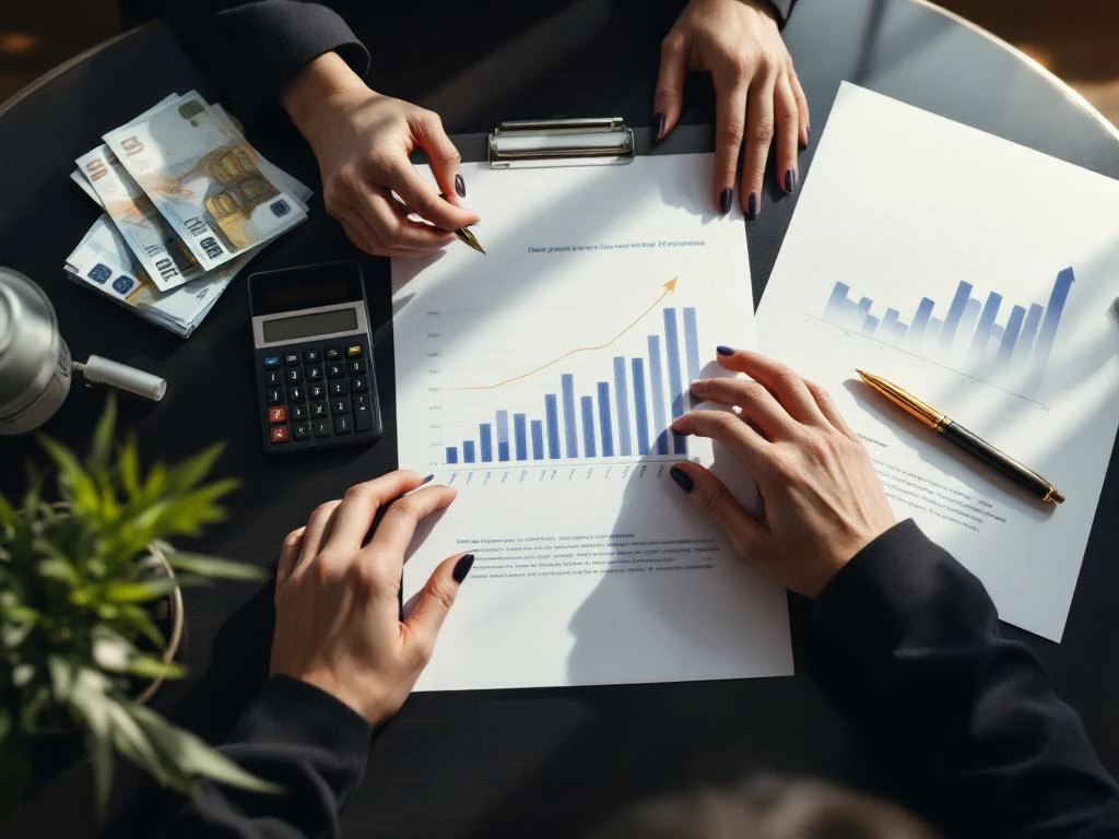 Business woman reviewing financial growth charts with euro banknotes, calculator, and documents on executive desk
