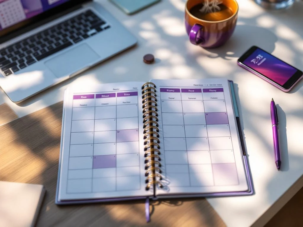 Open weekly planner with spiral binding on desk beside laptop, coffee, and smartphone in natural light with purple and teal accents