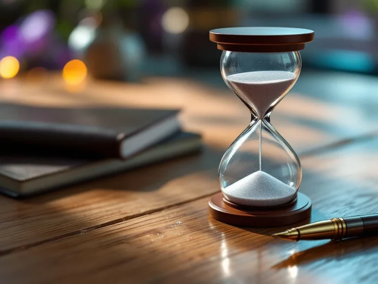 Hourglass with flowing sand on wooden desk beside journal and pen with purple and teal lighting symbolizing time management