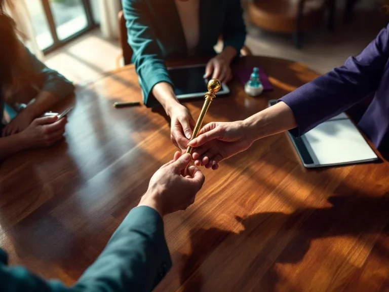 Senior woman's hands passing golden baton to younger woman across boardroom table, symbolizing leadership succession