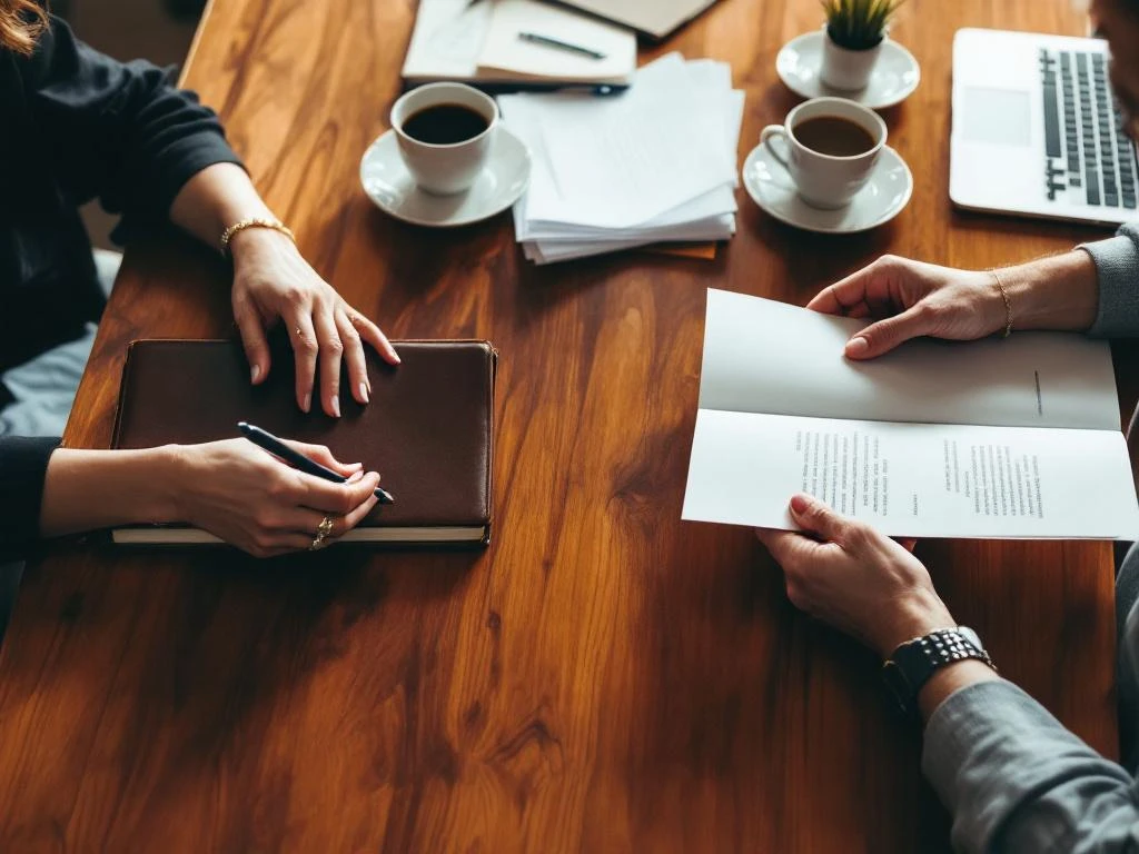 Mentor and mentee hands across wooden table with coffee, laptop, and journal during professional coaching session