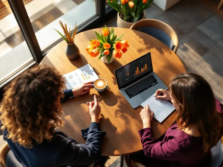 Two professional women's hands during mentoring session at café table with laptop, notebooks, cappuccinos, and orange tulips