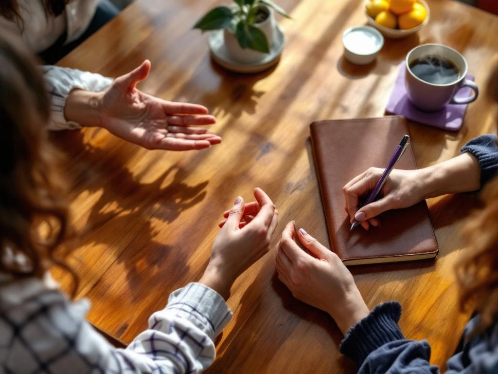 Two professional women's hands during mentoring session, one gesturing while other writes in journal on wooden table
