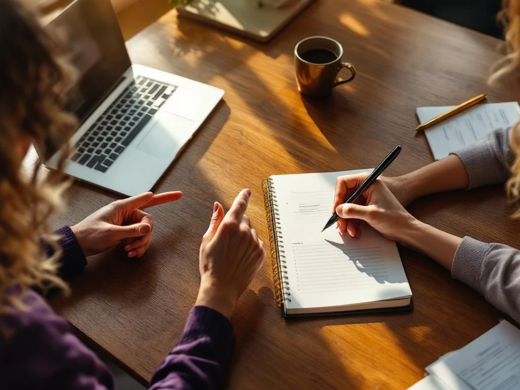 Two professional women's hands collaborating at desk during mentoring session with notebook, laptop, and documents