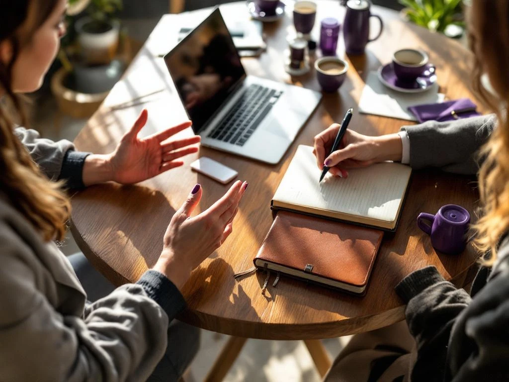 Two professional women's hands during mentoring session, one gesturing while other writes in journal on wooden desk