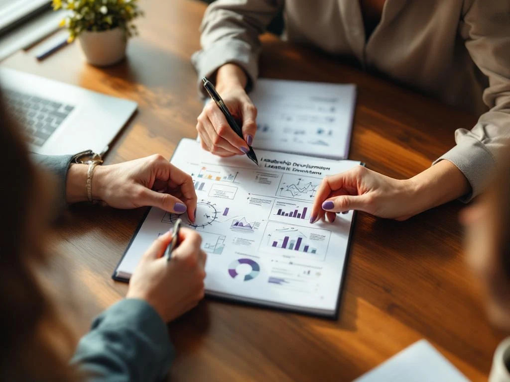 Two professional women's hands collaborating over leadership notebook during mentoring session at wooden table