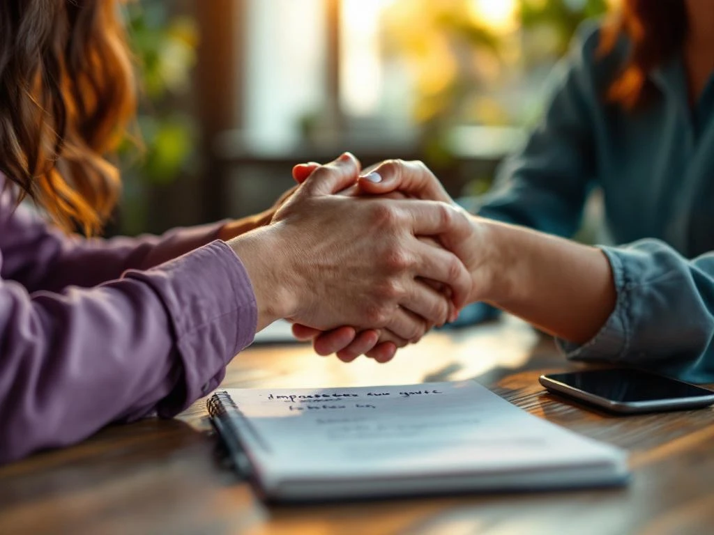Two professional women's hands clasped across desk in mentoring gesture with notebook and warm lighting