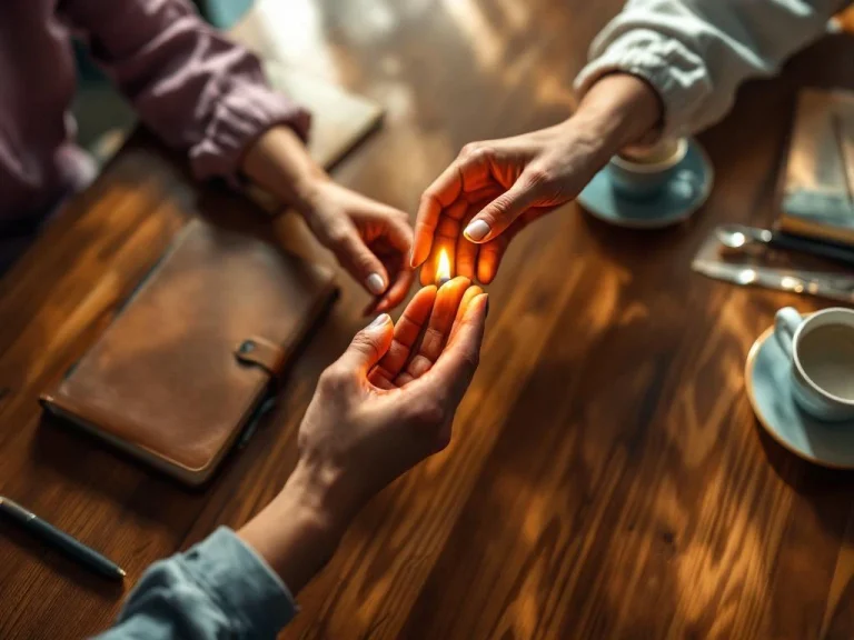 Two professional women's hands passing a glowing amber flame across a wooden table during a mentoring session